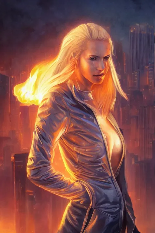 Image similar to wonderful young blonde woman with flames dancing on her hands with a long jacket in a cyberpunk city, realistic mouth, realistic, high definition, detailed and symetric face, detailed and realistic hands, expressive eyes, 4 k, shimmering color, art by artgerm ans greg rutkowski and magali villeneuve