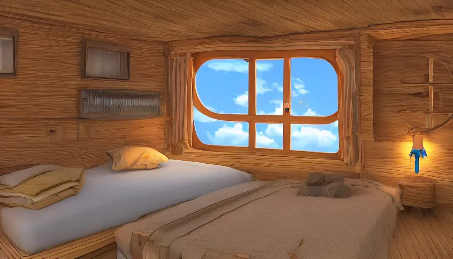 Image similar to a small cabin on a ship. there's a porthole and a bed, digital art, highly detailed, realistic, bright colors, 8 k