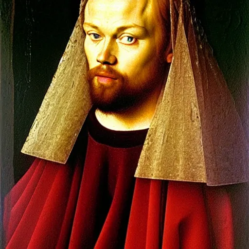 Prompt: portrait of the son of joel egerton health ledger christ pratt leonardo dicaprio, oil painting by jan van eyck, northern renaissance art, oil on canvas, wet - on - wet technique, realistic, expressive emotions, intricate textures, illusionistic detail