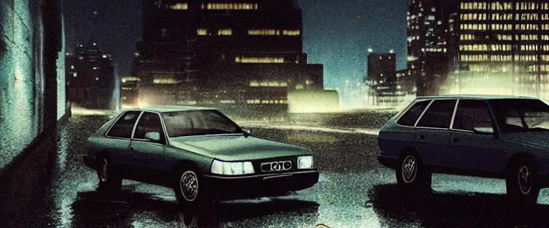 Image similar to Aqua Metallic Audi 80 RS 2 Avant (1995), black car, a gritty neo-noir, dramatic lighting, cinematic, homicide, establishing shot, extremely high detail, photorealistic, cinematic lighting, artstation, by simon stalenhag, Max Payne (PC) (2001) winter new york at night, flashing lights, Poets of the Fall - Late Goodbye