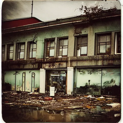 Image similar to flooded abandoned overgrown supermarket, highly detailed, ominous, dusk, overcast, photorealistic, polaroid