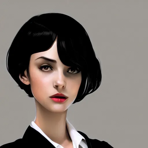 Image similar to slim girl in tuxedo with short black hair, elegant, 2d, ultra highly detailed, digital painting, smooth, sharp focus, artstation, art by Ilya Kuvshinov