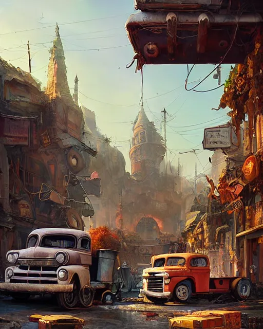 Prompt: old truck fallen apart in a street of a robust fantasy village, people gathered to watch, calming, uplifting mood, ultra realistic, factory, funny, small buildings, highly detailed, epic lighting, illuminated, cinematic, morning, art by eddie mendoza