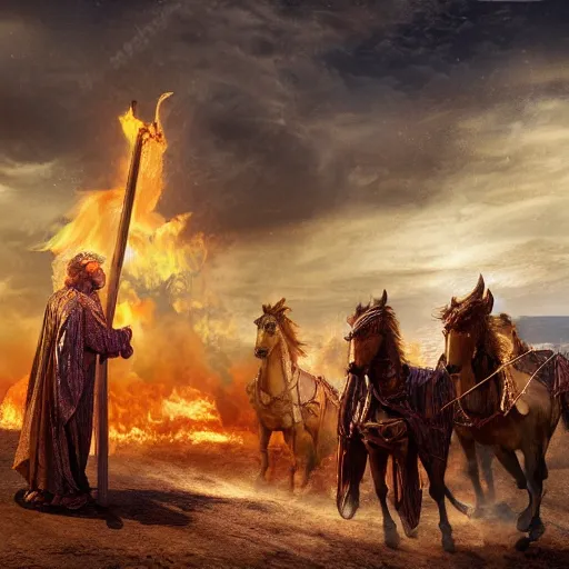 Image similar to Beautiful hyperrealistic detailed matte painting of a 60 year old man in Biblical outfit standing on an ancient chariot made of fire. Firey horses. nightime.