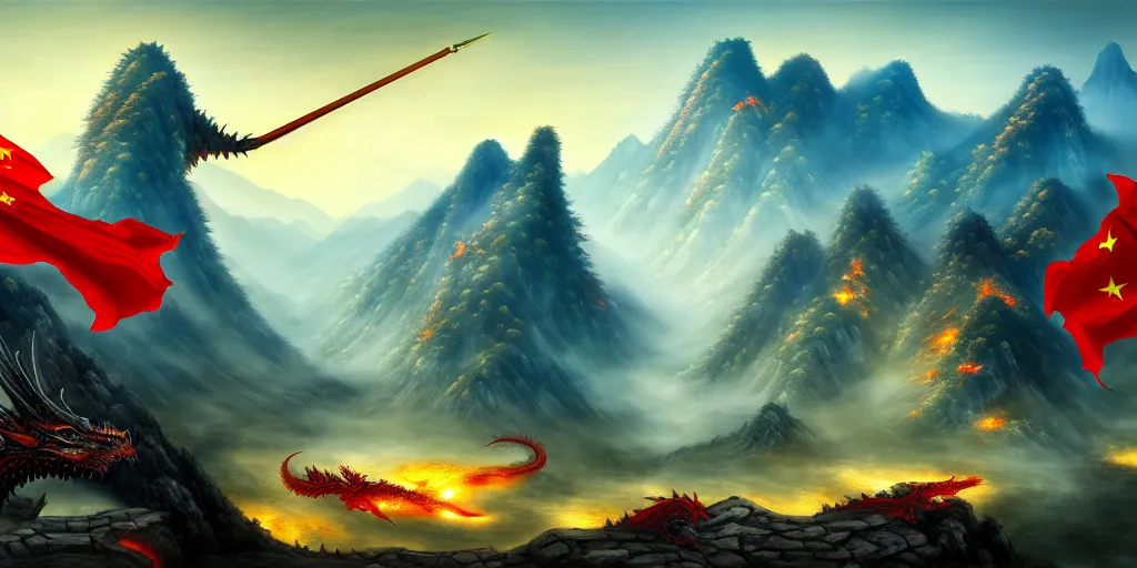 Image similar to Chinese president, bananas weapon, battle, dragon, centered, highly detailed, mountains, epic composition, background, fantasy art, oil painting, 8k