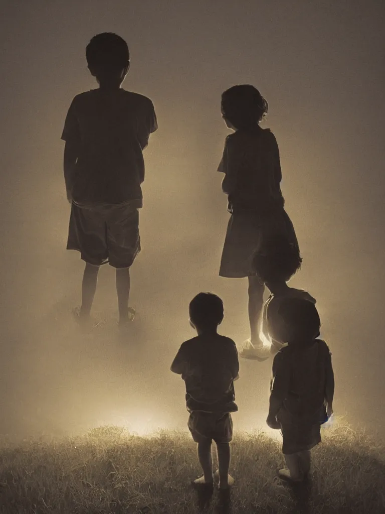 Image similar to backlit portrait of 2 kids at night, by cristobal toral, manuel lopez villasenor, high definition, intricate details, atmospheric, vegetation, small town