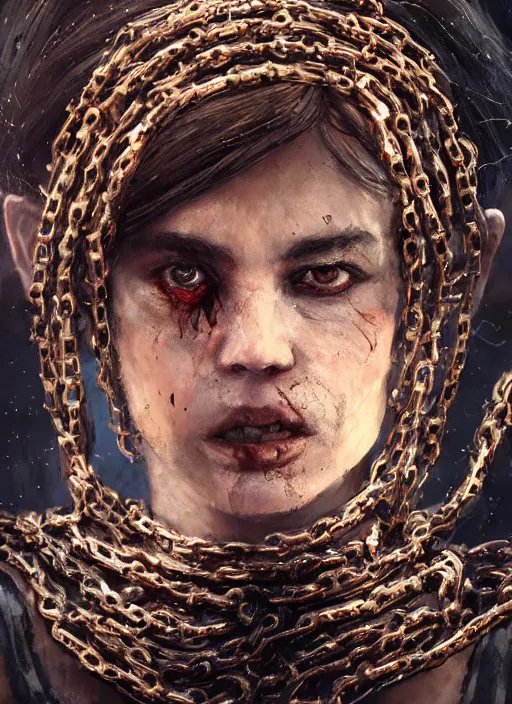 Image similar to A portrait of zombiefid women covered in chains by Greg Rutkowski, Sung Choi, Mitchell Mohrhauser, Maciej Kuciara, Johnson Ting, Maxim Verehin, Peter Konig, Bloodborne, 8k photorealistic, cinematic lighting, HD, high details, dramatic, atmospheric , trending on artstation