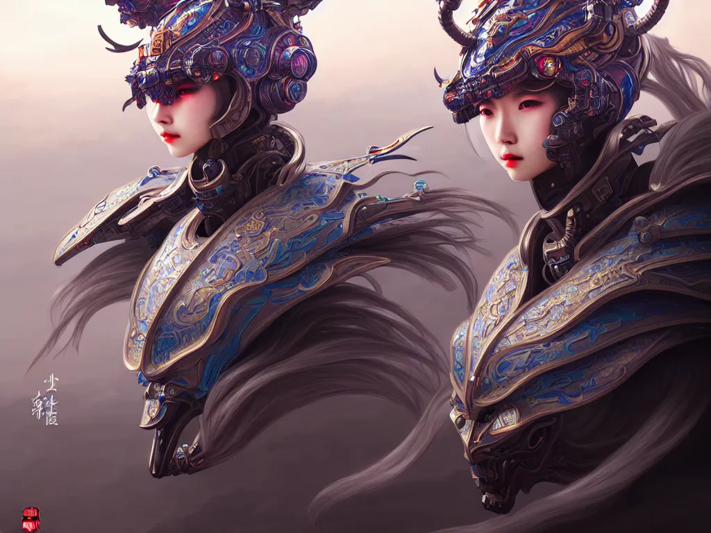 Prompt: portrait of futuristic knights of zodiac girl, abstract chinese dragon character concept art, at future neon tokyo light rooftop, ssci - fi and fantasy, intricate and very very beautiful and elegant, highly detailed, digital painting, artstation, smooth and sharp focus, illustration, art by tan zi and ayanamikodon and alphonse mucha and wlop