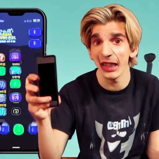 Image similar to xqc raging while playing clash royale on his phone, his messy room is in the background
