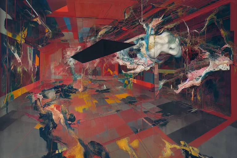 Image similar to the physical impossibility of death, in a brutalist designed space ship, rich deep colours, painted by francis bacon, adrian ghenie, james jean and petra cortright, part by gerhard richter, part by takato yamamoto. 8 k masterpiece