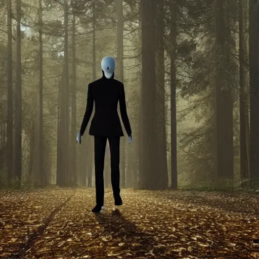Image similar to slenderman walking with a women throw forest ultrarealistic 8k