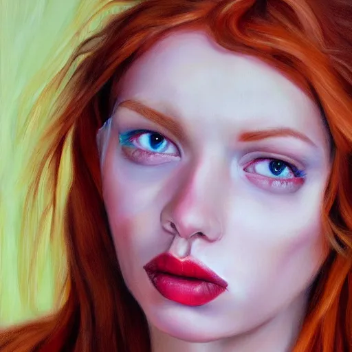 Image similar to hyperrealism oil painting of crying redhead fashion model portrait