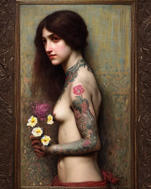 Image similar to a beautiful girl with tattoos surrounded by flowers orientalist intricate portrait by john william waterhouse and edwin longsden long and theodore ralli and nasreddine dinet, oil on canvas. cinematic, hyper realism, dramatic lighting, high detail 8 k