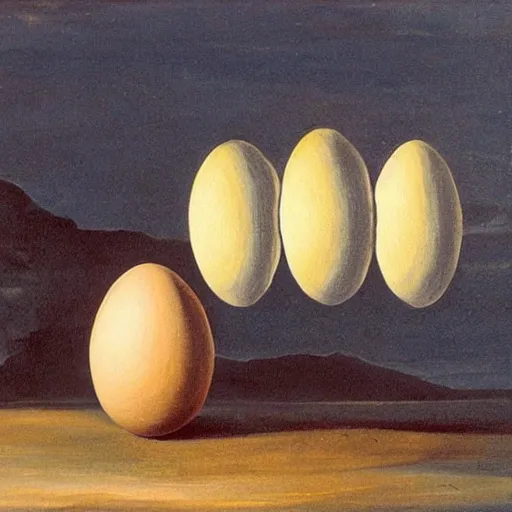 Image similar to A pair of barn owls and a floating egg, oil painting by Salvador Dali