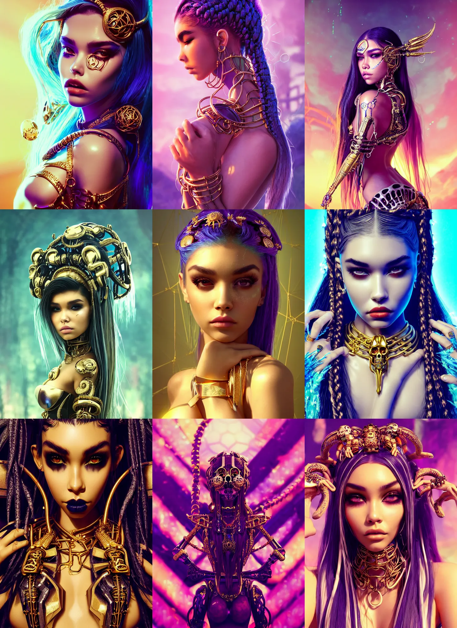 Prompt: madison beer edm tropical skullcore cyborg | braids, jewelry | glamorous oily soft polished rich enticing ornate modern metgala | weta disney movie still photo | hi - fructose, sci fi fantasy, geometric golden ratio details, smooth, octane render, sharp focus, artstation, concept art | feng zhu, artgerm, mucha, wlop, loish |