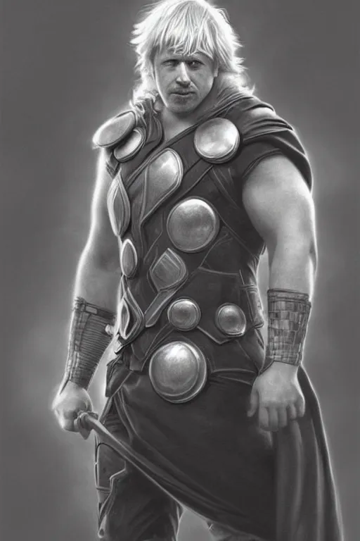 Prompt: Boris Johnson as Thor, Boris Johnson hairstyle, full body realistic portrait, highly detailed, digital painting, artstation, concept art, smooth, sharp focus, illustration, cinematic lighting, art by artgerm and greg rutkowski and alphonse mucha