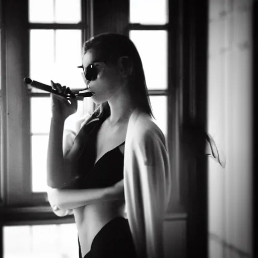 Image similar to black and white fashion photo of a model woman smoking a cigarette by the window
