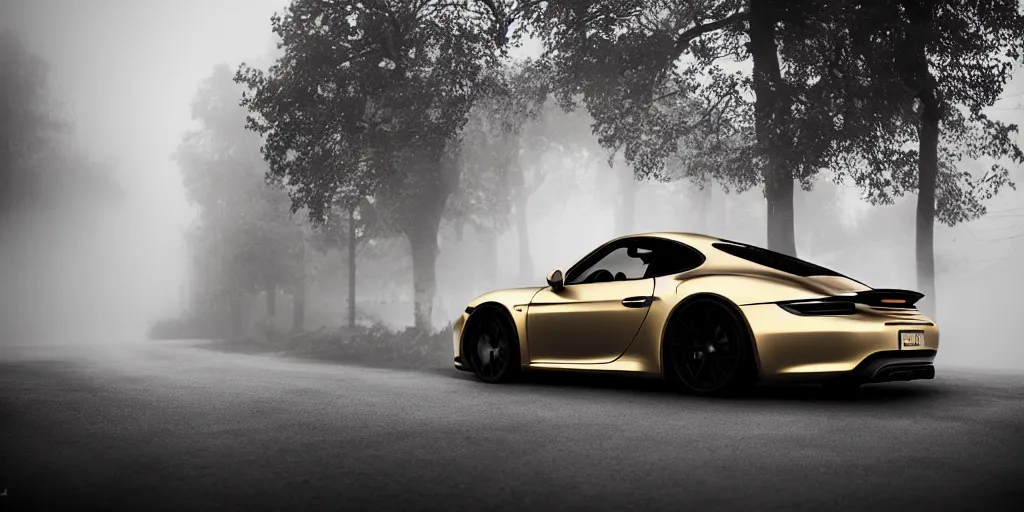 Prompt: parked Porsche sports car, fog, rain, volumetric lighting, beautiful, golden hour, sharp focus, ultra detailed, cgsociety