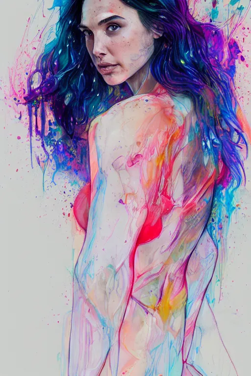 Image similar to gal gadot by agnes cecile enki bilal moebius, intricated details, 3 / 4 back view, full body portrait, extremely luminous bright design, pastel colours, drips, autumn lights