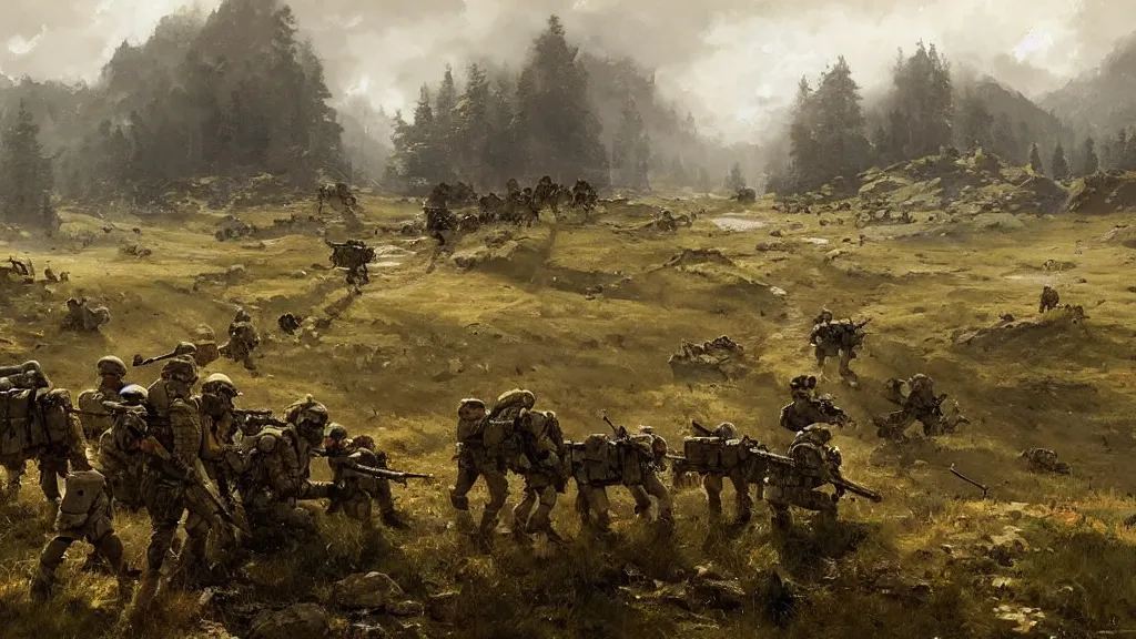 Image similar to a group of soliders in a stunning landscape by jakub rozalski