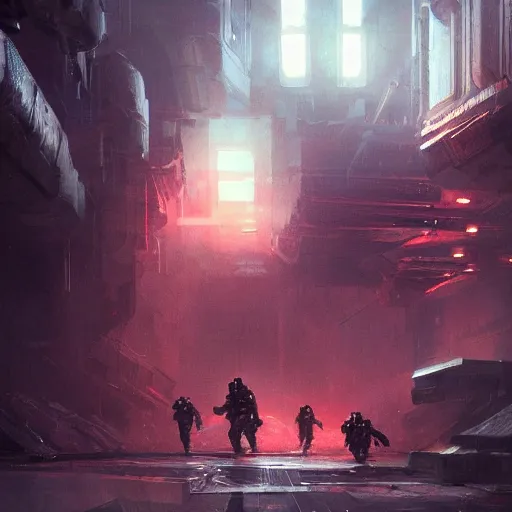 Prompt: concept art by greg rutkowski, soldiers in futuristic tactical gear, running around the outside of a space colony, futuristic, brutalistic environment, scifi, detailed and intricate environment, reddish lighting, stressful atmosphere, high technology, highly detailed portrait, digital painting, artstation, concept art, smooth, sharp foccus ilustration, artstation hq.
