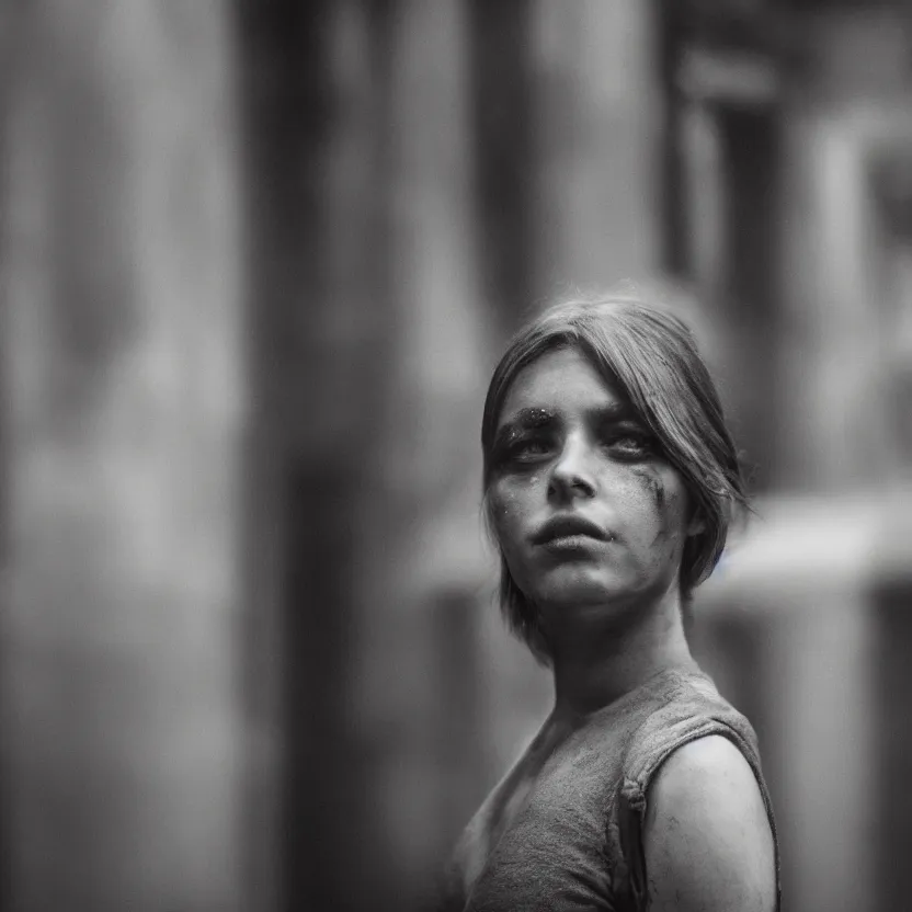 Image similar to portrait of beautiful guard hiding her chest with her arms, dystopian cyberpunk smoke detailed anamorphic 50mm lens