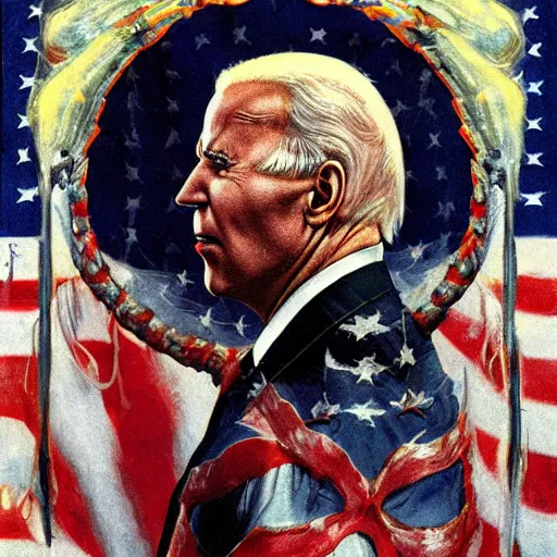 Prompt: patriotic nightmare of joe biden, american flag hell, perfectly clear face, by j. c. leyendecker and beksinski