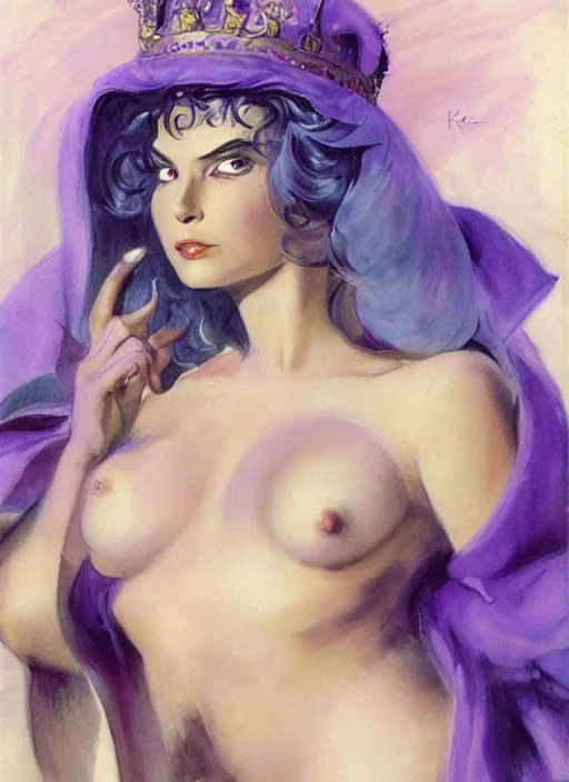 Image similar to portrait of mighty plump female sorceress, blue tiara, purple robe and veil, lightning halo, strong line, muted color, beautiful! coherent! by frank frazetta, by boris vallejo