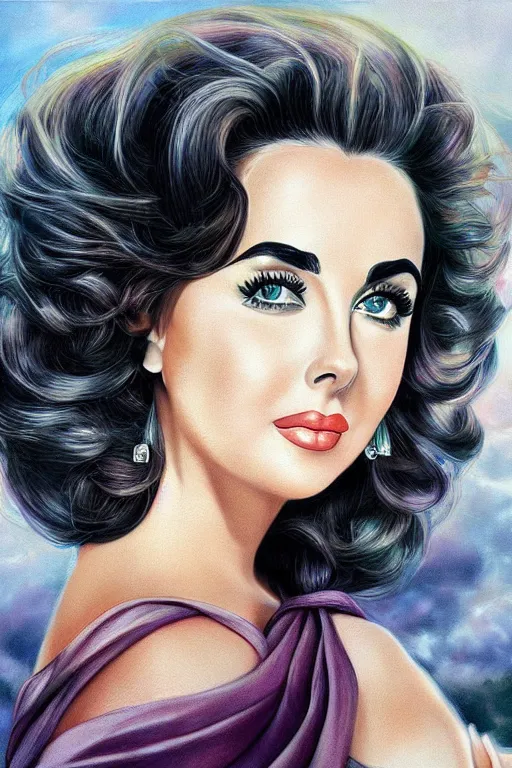 Prompt: a beautiful portrait of Elizabeth Taylor pastel colors, in a scenic environment by Artgerm, detailed,