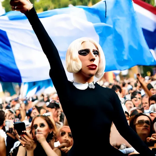 Image similar to Lady Gaga as Evita, Argentina presidential rally, Argentine flags behind, bokeh, epic photo, detailed face, Argentina