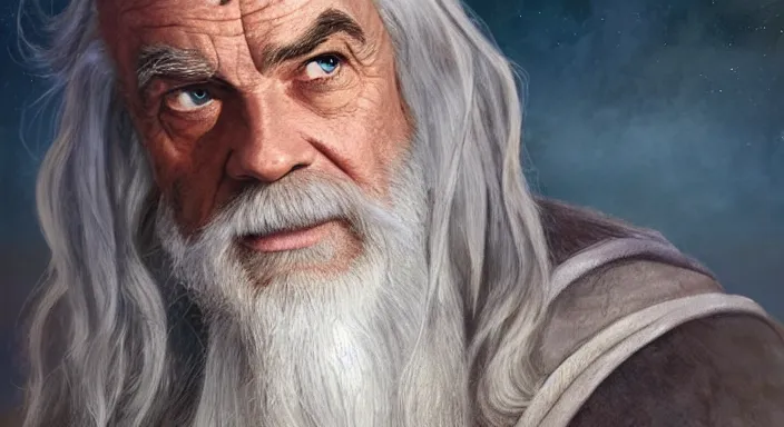 Image similar to sean connery as gandalf, award winning character art, by various concept artists, hyperrealistic face, photorealistic render