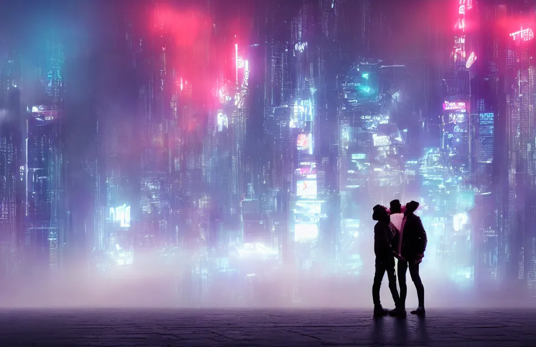 Image similar to men kissing in front of a foggy view of cyberpunk style future city, neon lights, a hyper realistic professional photographic view,very beautiful scenery, very realistic painting effect, hd, hdr, cinematic 4k wallpaper, 8k, ultra detailed, high resolution,