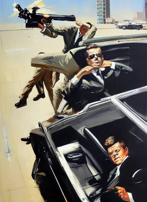 Prompt: jfk in car being shot, dallas, lee harvey oswald, assassination, exploding head, painting by phil hale, fransico goya,'action lines '!!!, graphic style, visible brushstrokes, motion blur, blurry, visible paint texture, crisp hd image