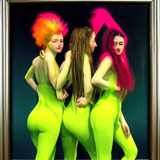 Prompt: neon yellow by peter elson calm. the photograph is a beautiful work of art. the three graces are depicted as beautiful young women, each with their own unique charms. the photograph is full of color & life, & the women seem to radiate happiness & joy.