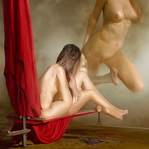 Image similar to an all white emily ratajkowski, full body laying in a blood red pool of water between a golden mirror frame, outside is space at the bohemian grove and inside the mirror frame is a beautiful landscape., physically accurate, dynamic lighting, intricate, elegant, highly detailed, very very roberto ferri, sharp focus, very very unsettling, very terrifying, illustration, art