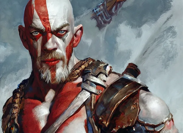 Prompt: a highly detailed beautiful portrait of j. k. simmons as kratos, by gregory manchess, james gurney, james jean