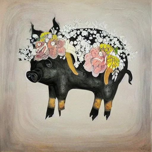 Image similar to “pig paintings and pig sculptures in a pig art gallery, pork, ikebana white flowers, white wax, squashed berries, acrylic and spray paint and oilstick on canvas, by munch and Dali”