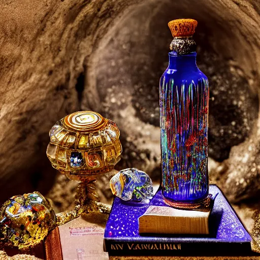 Prompt: dramatic photo of an ancient dark byzantine cave interior, Venetian Murano blown glass bottle on a pile of crystals, books covered in jewels, ornate, surrounded by strange crystals and treasure, full of sand and glitter, Byzantine, cinematic, jewels, 35mm lens