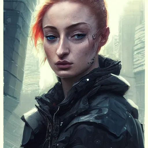 Image similar to sophie turner, streetwear, techwear, cyberpunk style outfit, nose piercing, detailed portrait, intricate complexity, by greg rutkowski, cushart krentz, artgerm, ross tran, conrad roset, takato yomamoto, ilya kuvshinov. 4 k, beautiful, cinematic dramatic atmosphere, portrait lighting