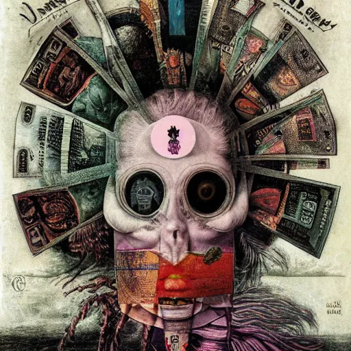 Image similar to post - punk new age album cover, asymmetrical design, frame of a dollar bank notes, capitalism, magic, apocalypse, psychedelic, black white pink, magic, giger h. r., giuseppe arcimboldo