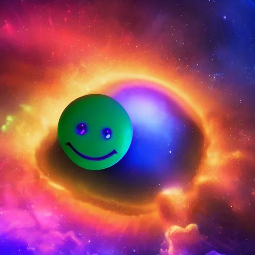 Prompt: rainbow black hole with a smiley face floating in space, surreal, sharp focus, digital art, epic composition, concept art, dynamic lighting, intricate, highly detailed, 8 k, unreal engine, blender render