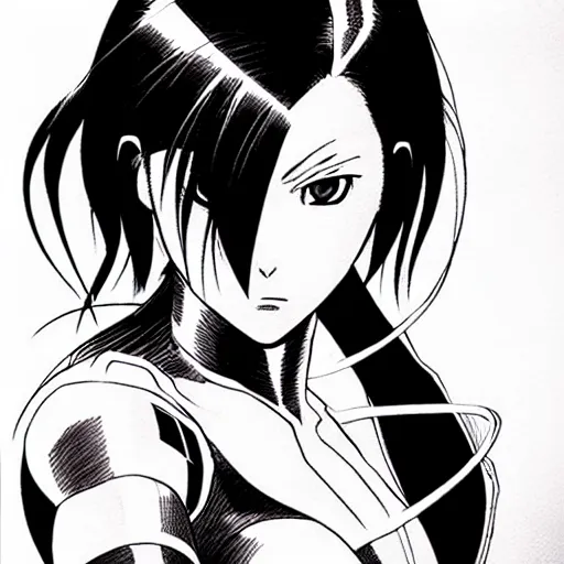 Image similar to alita by yukito kishiro. medium shot. black and white manga. pencil drawing.