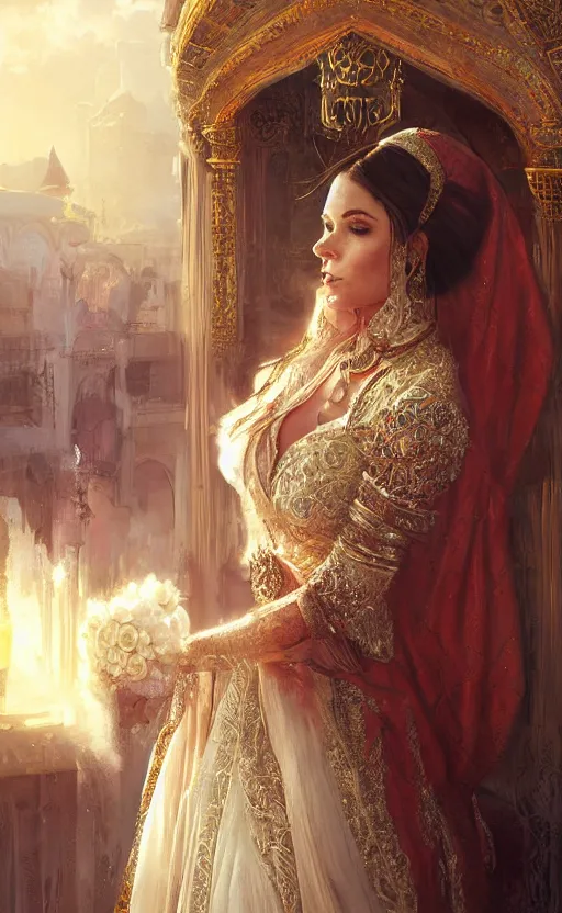 Image similar to Morgan fox arabian princess wedding day, portrait, digital art,ultra realistic,ultra detailed, ultra wide Lens, art by greg rutkowski