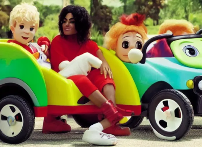 Image similar to michael jackson driving a little tikes cozy coupe, movie still, from the new jumanji movie, 8 k, realistic