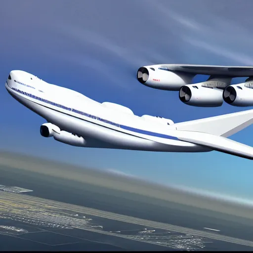 Image similar to the successor to the an - 2 2 5, the an - 3 0 0, the biggest plane ever created, standing on an airport, concept, hyper realistic, ue 5, octane render, realistic lighting