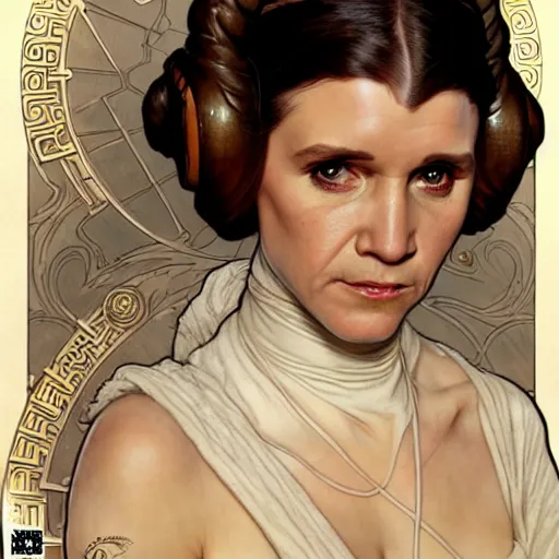 Prompt: princess leia, fantasy, d & d, intricate, detailed, by by alphonse mucha, adolfo hohenstein, alice russell glenny, stanley artgerm lau, greg rutkowski, detailed, trending on artstation, trending on artstation, smooth