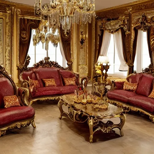 Prompt: Baroque style living room with a sofa made of swiss cheese