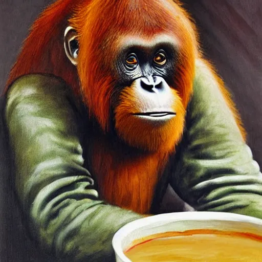 Image similar to a tired looking red - eyed orangutan making coffee in the morning by louis wain, digital art, detailed