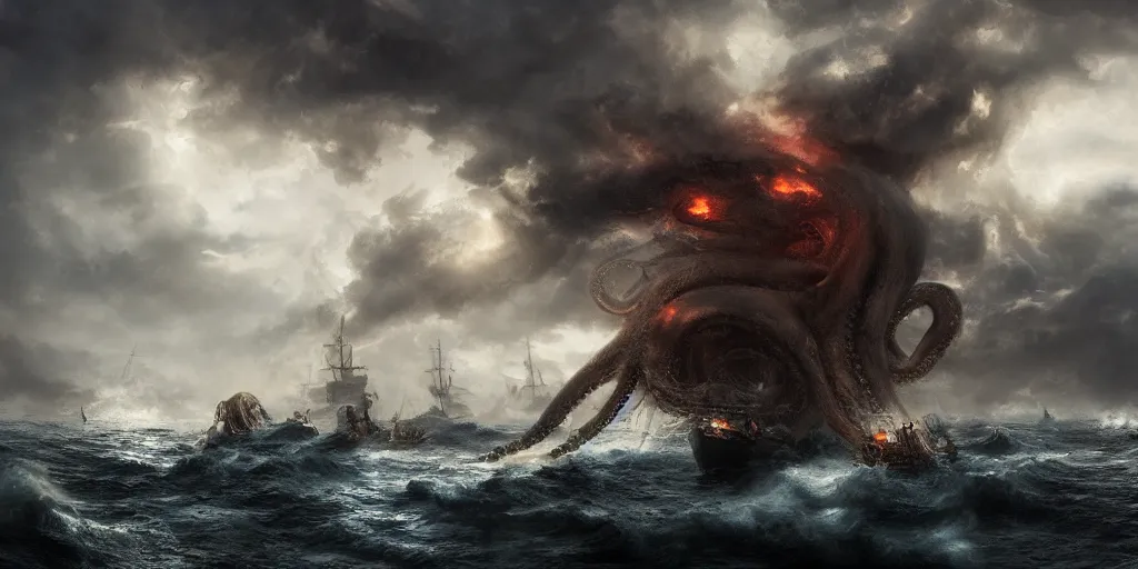 Prompt: giant octopus attacking pirate ships, people drowning, dramatic swirling clouds, storm, smoke, fire, chaos, photo realistic, 8k, artstation, dark, cinematic, epic