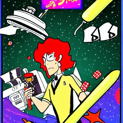 Image similar to a casino in space, drawn in the style of cowboy bebop,